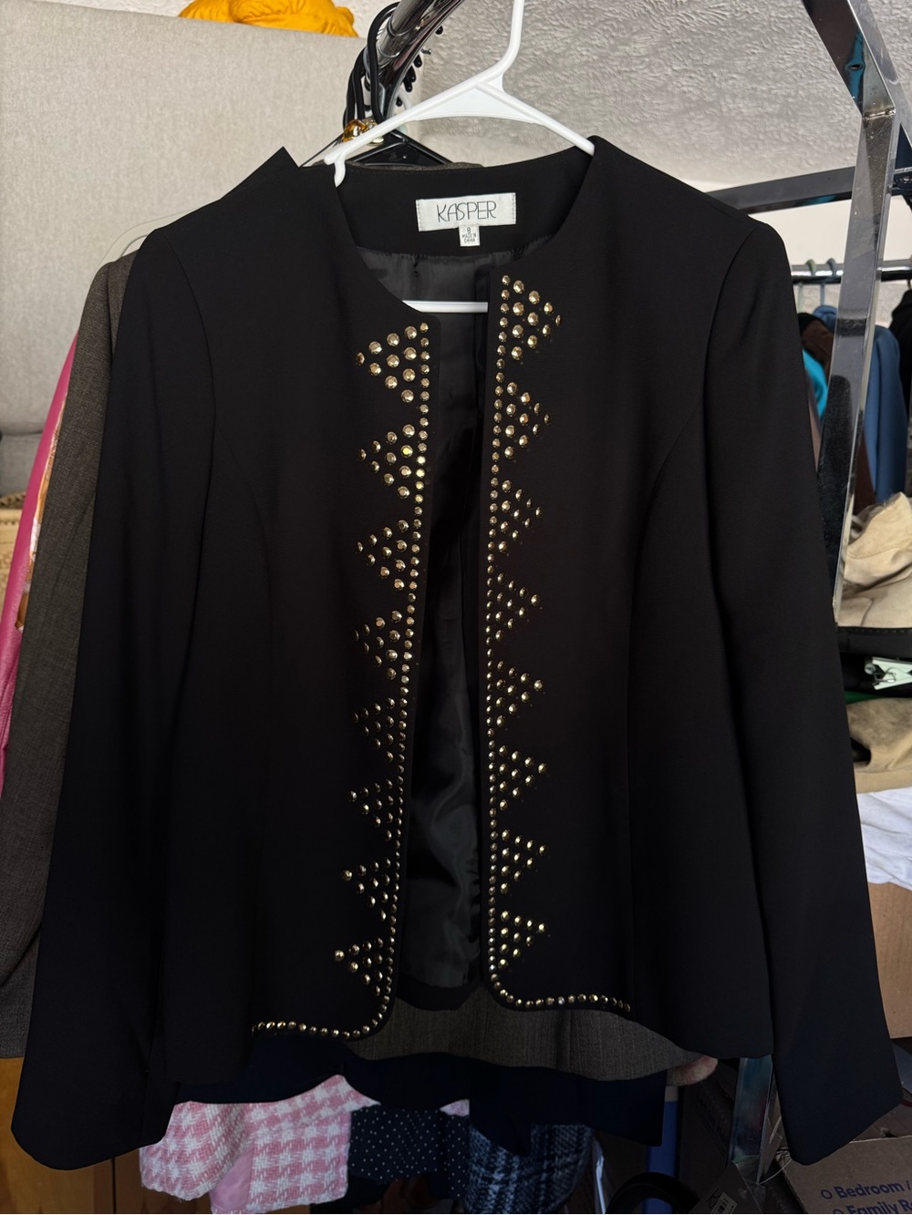 Kasper Black Open-Front Jacket with Gold Stud Detailing